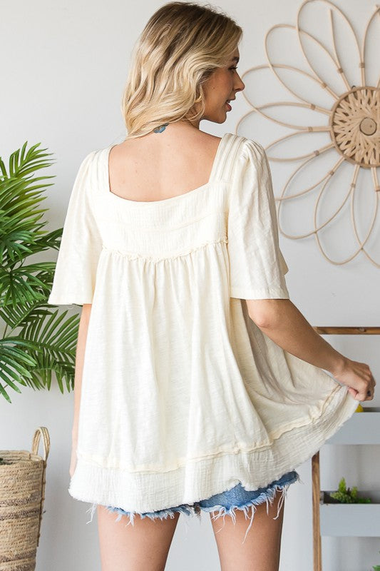 MINERAL WASHED BALLON SLEEVE BABYDOLL TOP