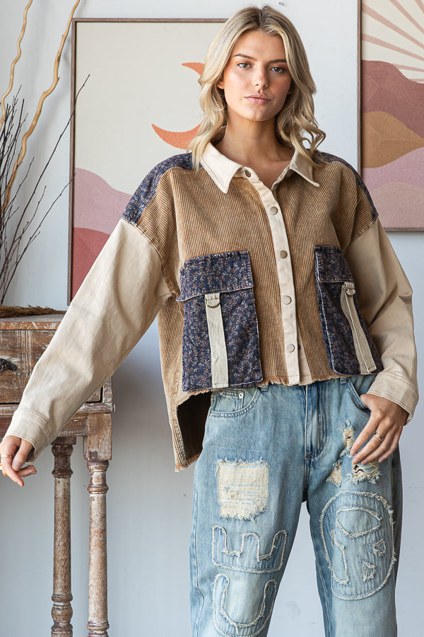 COLORBLOCK BIG POCKETS CORDUROY JACKET