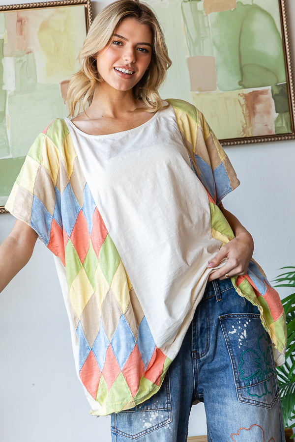 WASHED MULTICOLOR GEO PATCHWORK OVERSIZED TOP