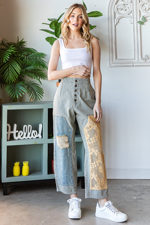 WASHED PATCHWORK DETAIL STRAIGHT LEG DENIM JEANS