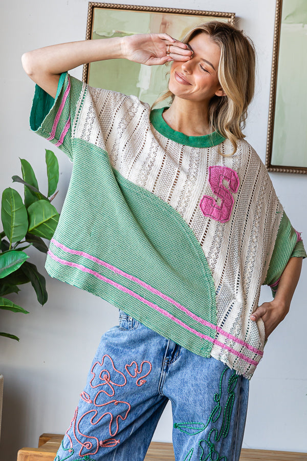 WASHED COLORBLOCK SWEATER KNIT DROP SHOULDER TOP