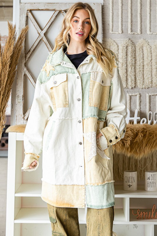 WASHED STAR PATCHWORK MIXED PLAID HOODED SHACKET