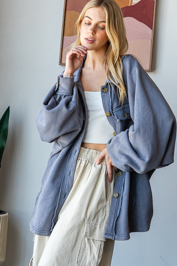 WASHED BALLOON SLEEVE BUTTON FRONT SHIRT JACKET