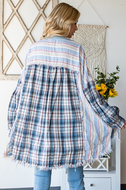 WASHED HENLEY V NECK MIX MEDIA PLAID SHIRT