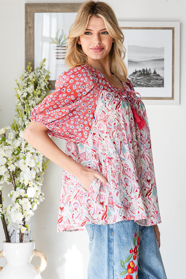 FLORAL MIXED PRINTED PUFF SHORT SLEEVE BLOUSE