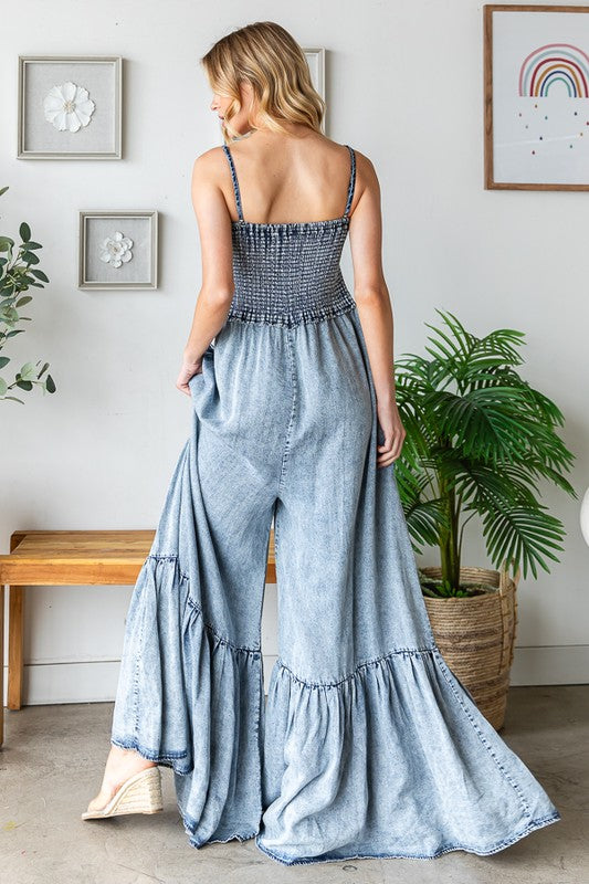WASHED SMOCKED DETAIL RUFFLE WIDE LEG JUMPSUIT