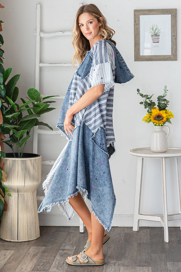 WASHED PAINT DROP DENIM PATCH FABRIC MIXED TOP