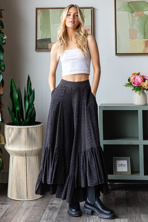 WASHED WIDE LEG RUFFLED HEM PANTS