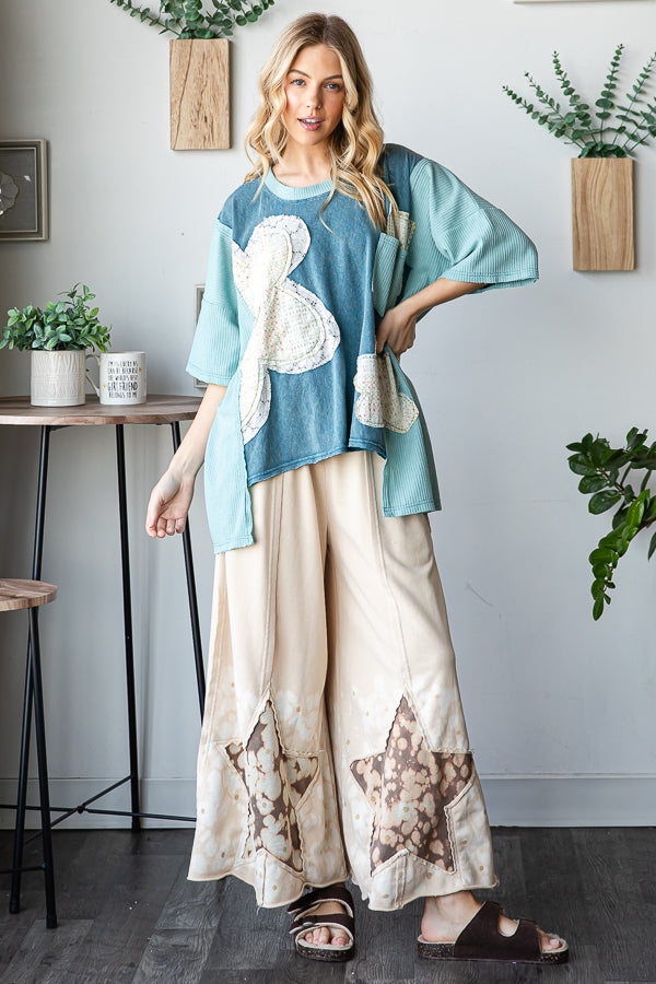 WASHED FLOWER PATCHWORK SHORT SLEEVE TOP