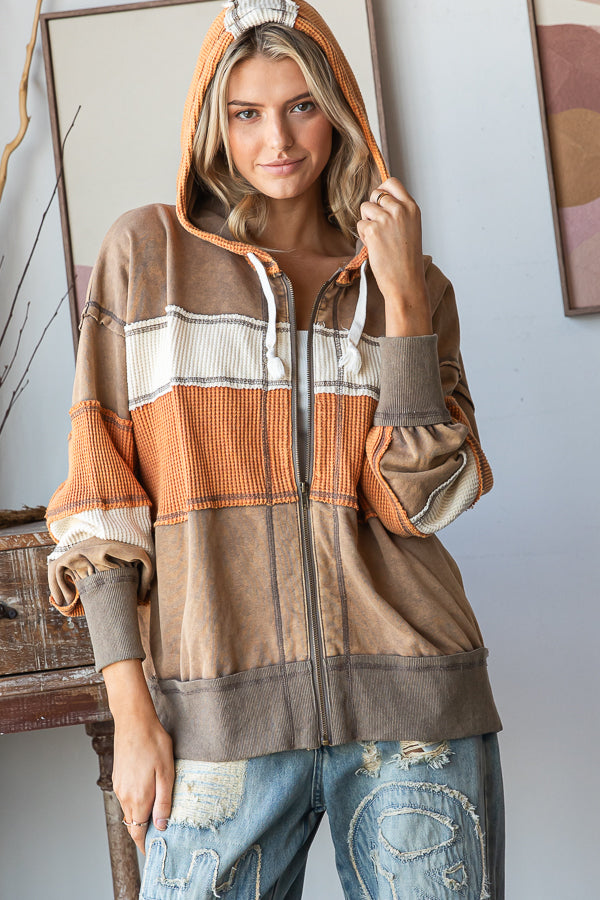 WASHED COLORBLOCK HOODED SOFT THERMAL JACKET