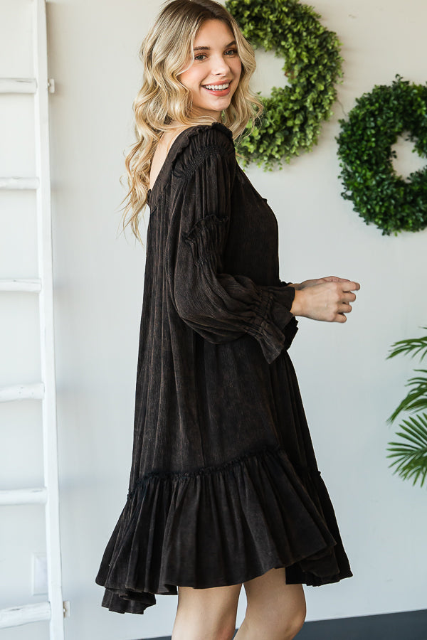 WASHED SCOOP NECK RUFFLE HEM BABYDOLL DRESS