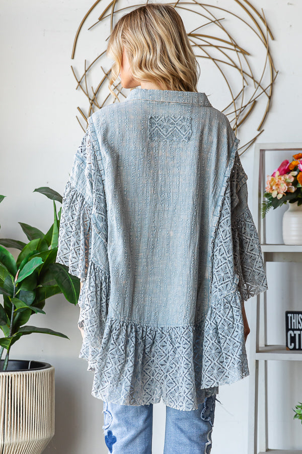 WASHED LACE RUFFLE HEM BUTTON FRONT SHIRT