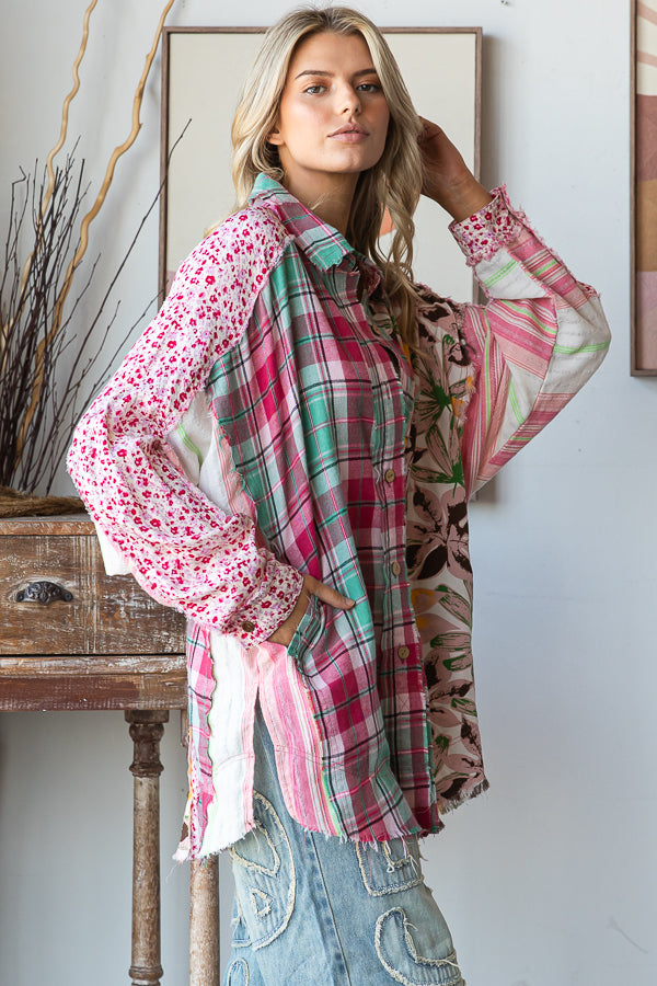 WASHED PRINT MIXED BUTTON DOWN SHIRT