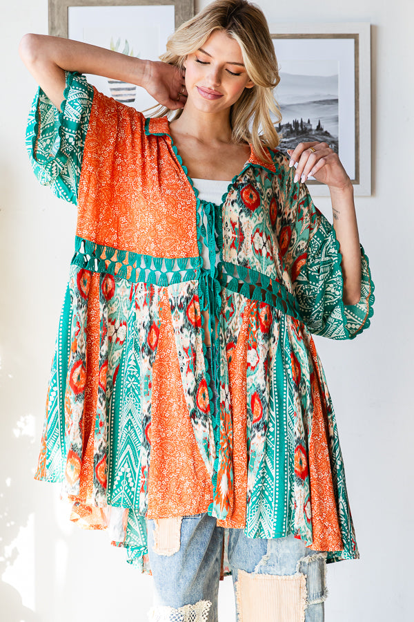 PRINTED MIX KIMONO MINI DRESS