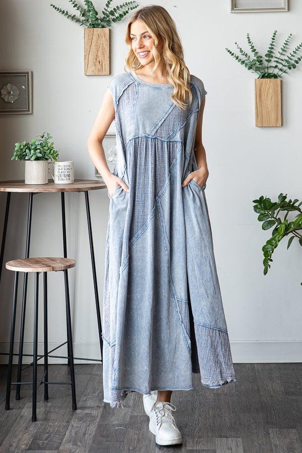 WASHED PATCHWORK DETAIL MIDI DRESS