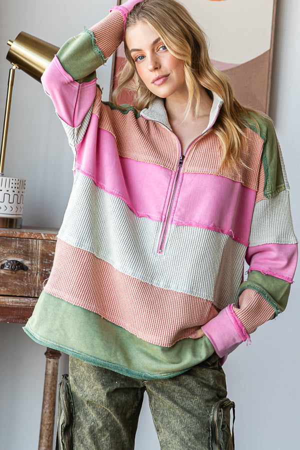 WASHED COLORBLOCK HALF ZIP PULLOVER TOP