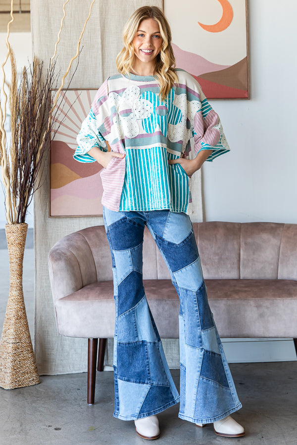 WASHED FLOWER PATCHWORK MULTI STRIPED TOP