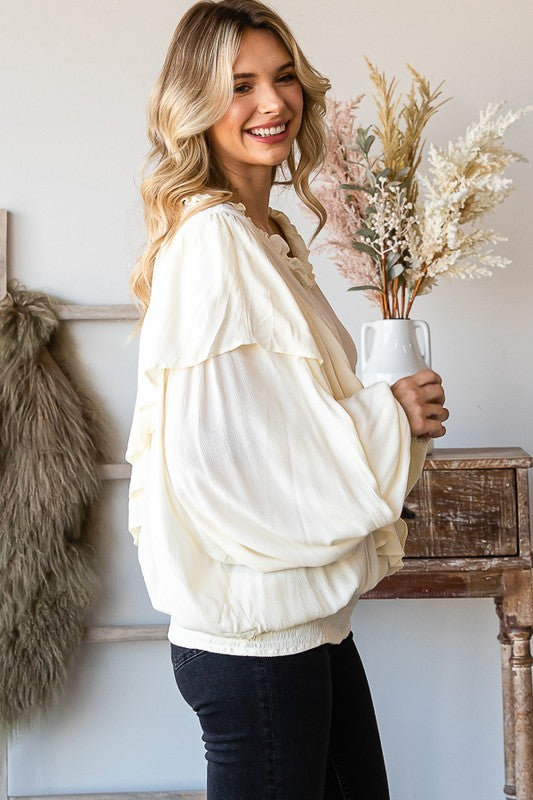 WASHED RUFFLE DETAIL WASHED SMOCKED HEM TOP