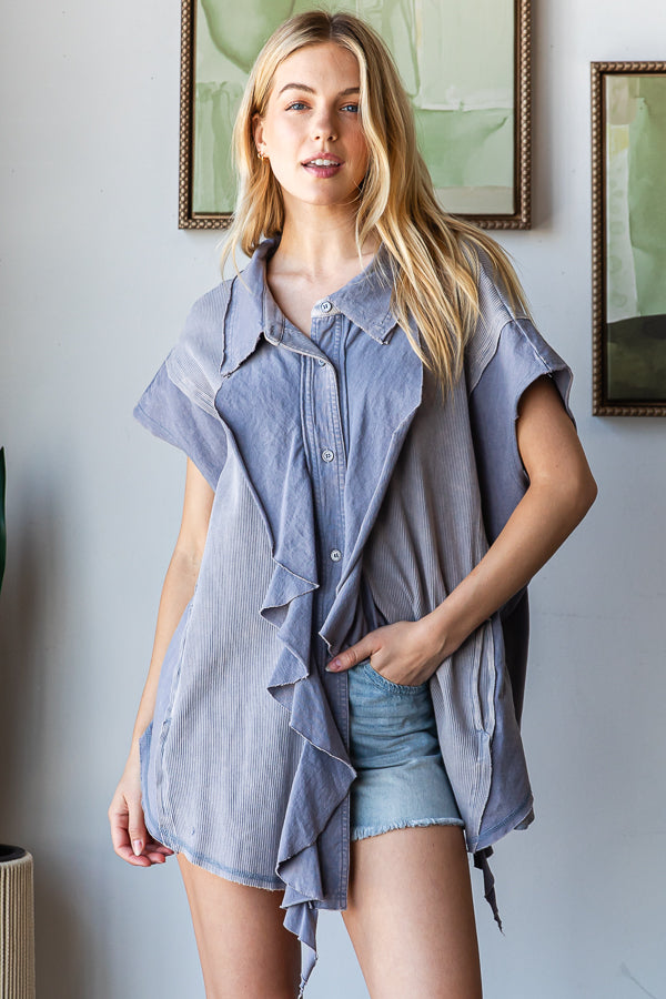 WASHED RUFFLE DETAIL FRONT BUTTON DOWN SHIRT