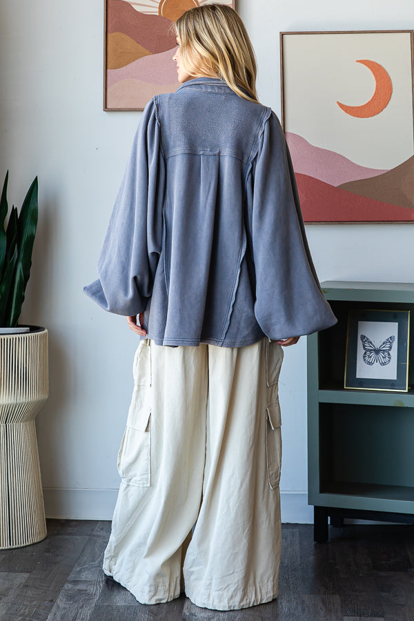 WASHED BALLOON SLEEVE BUTTON FRONT SHIRT JACKET