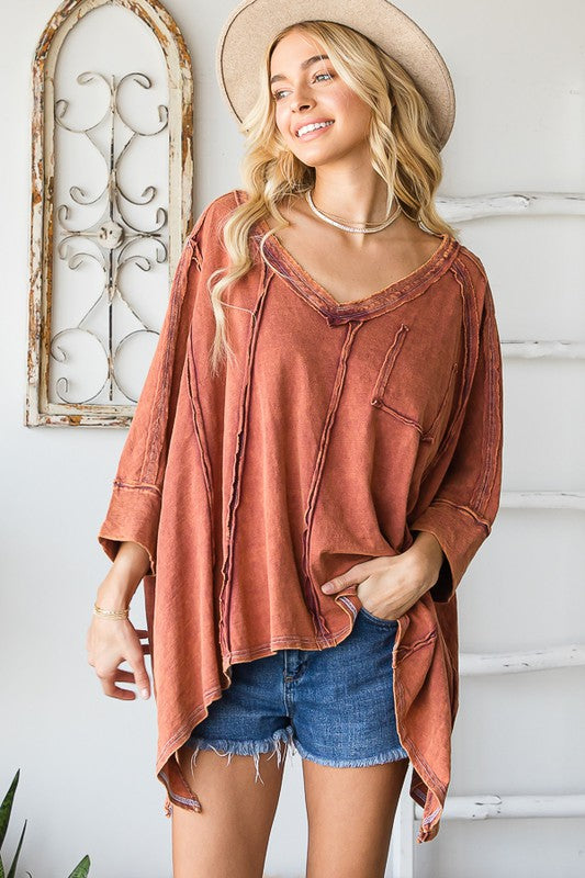 WIDE V NECK ASYMMETRICAL HEM OVERSIZED TOP