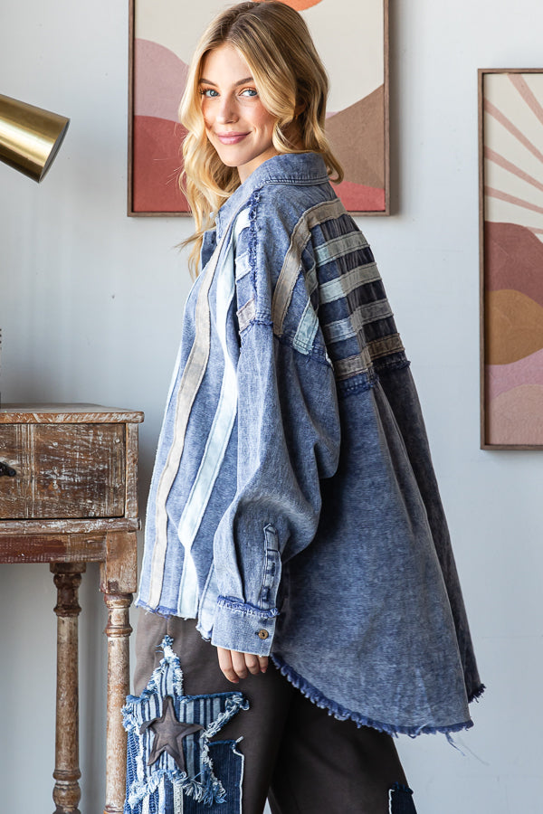 WASHED STRIPED PATCHWORK DENIM SHACKET