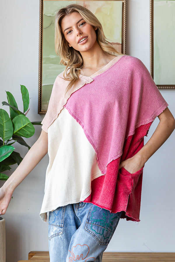 WASHED COLORBLOCK WIDE V NECK SHORT SLEEVE TOP