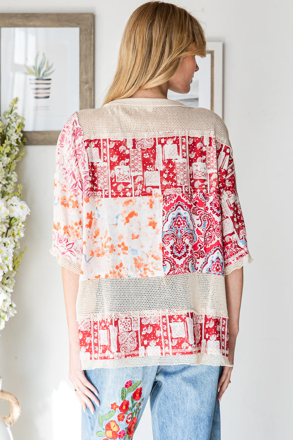 MIXED PRINT MESH CONTRAST RELAXED TOP