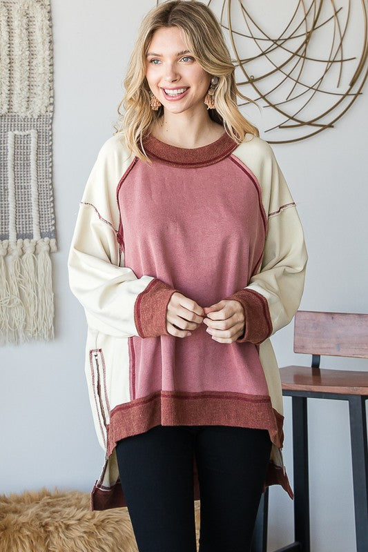 WASHED COLORBLOCK BOXY PULLOVER KNIT TOP