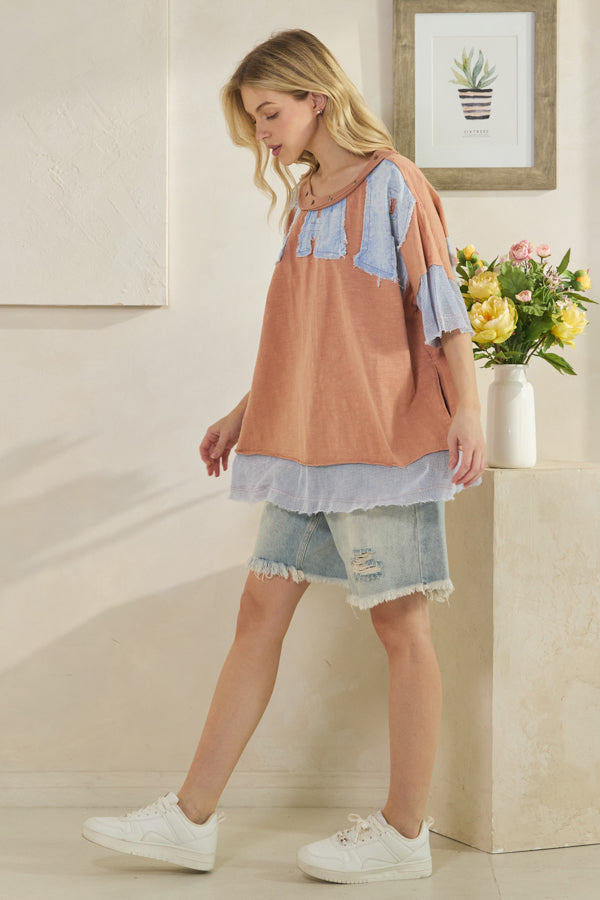 WASHED STAR PATCHWORK FINSH NET CONTRAST KNIT TOP