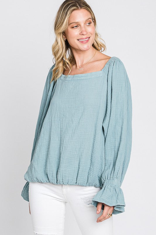 WASHED FLARE CUFFS OPEN BACK DETAIL GAUZE BLOUSE