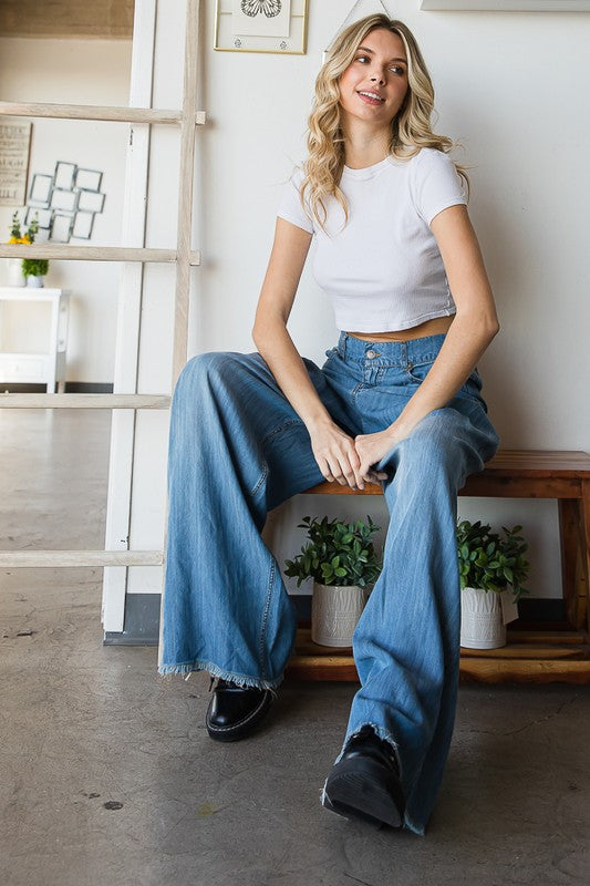 WASHED PLEATED DETAIL WID LEG PANTS