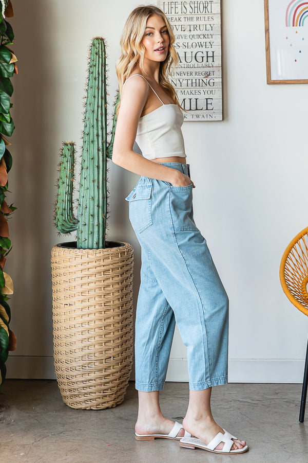 WASHED POCKETS HIGH WAIST CARGO PANTS