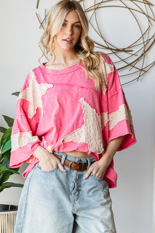 WASHED STAR PATCHWORK SHORT SLEEVE TOP