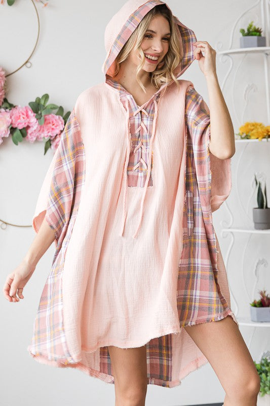 WASHED PLAID MIXED HOODED OVERSIZED TUNIC TOP