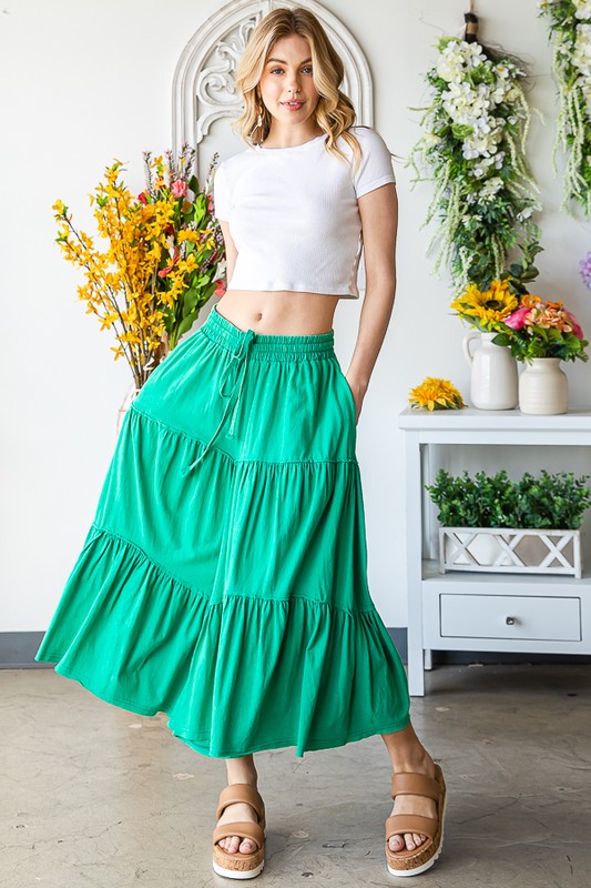 MINERAL WASHED ELASTIC WAIST TIERED WID LEG PANTS