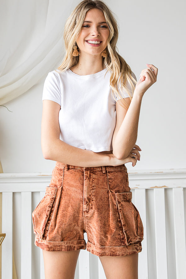 MINERAL WASHED SIDE POCKETS CORDUROY SHORTS