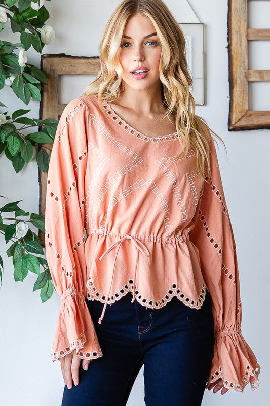 WASHED EMBROIDERED SCALLOP EDGE PEPLUM TOP