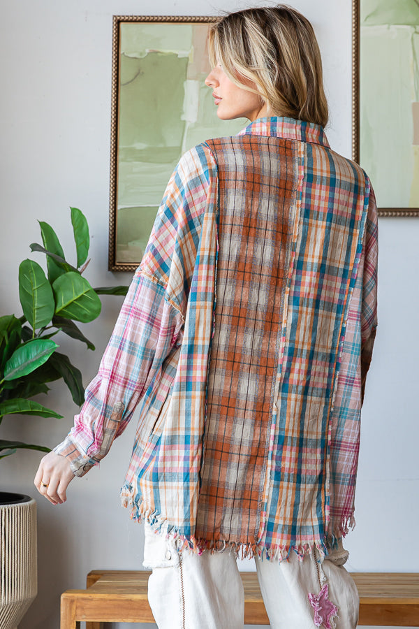 WASHED PLAID MIXED BUTTONDWON SHIRT