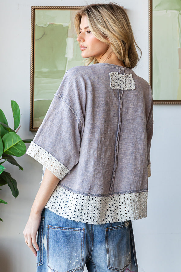 WASHED RIBBON PATCHWORK SHORT SLEEVE OVERSIZED TOP