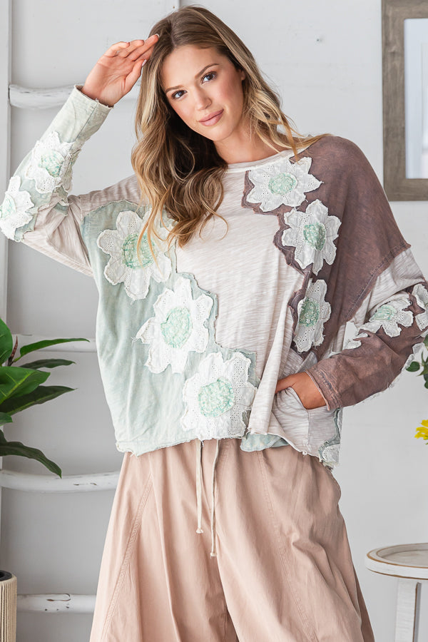 WASHED EYELET PATCHWORK LONG SLEEVE KNIT TOP