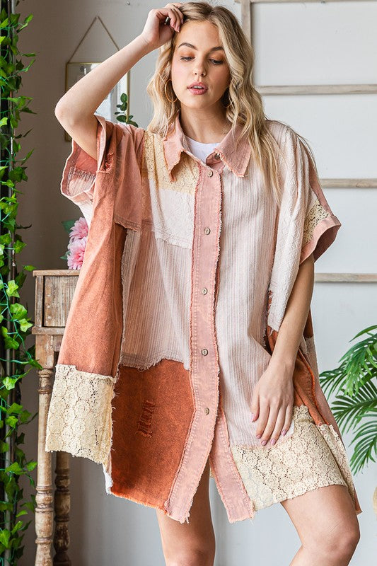 MIX MEDIA MINERAL WASHED SHORT SLEEVE SHIRT DRESS