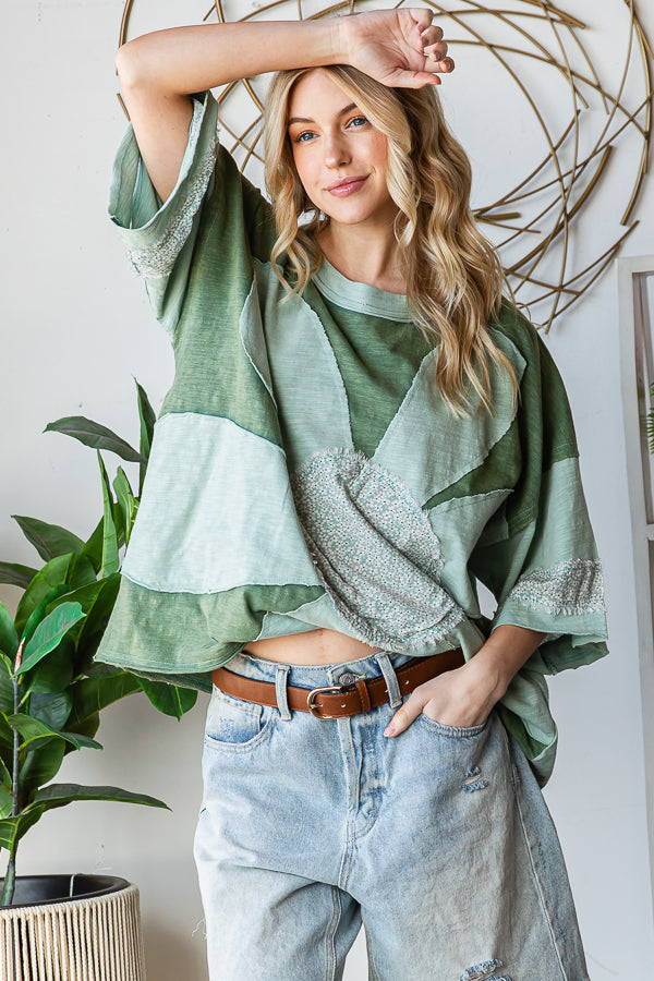 WASHED DAISY PATCHWORK OVERSIZED TOP