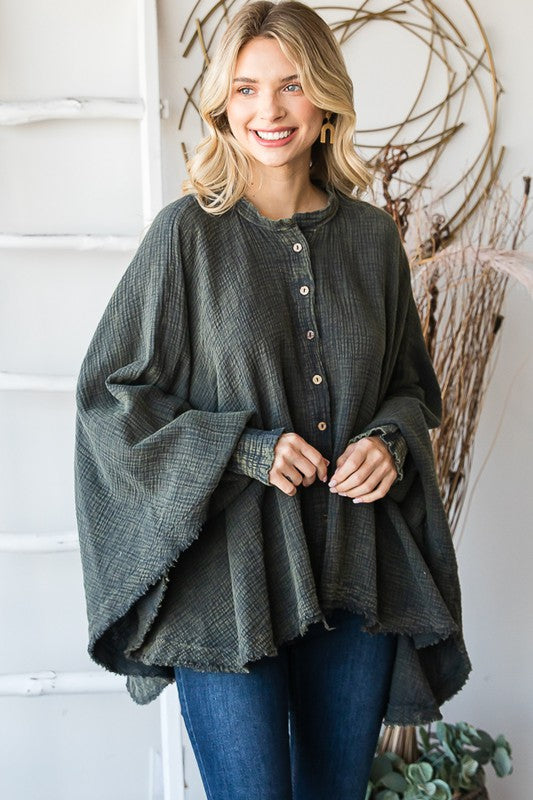 WASHED BUTTON DOWN BATWING SLEEVE OVERSIZED BLOUSE
