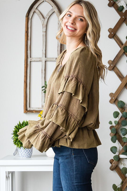 WASHED TIERED RUFFLE SLEEVE PEPLUM BLOUSE