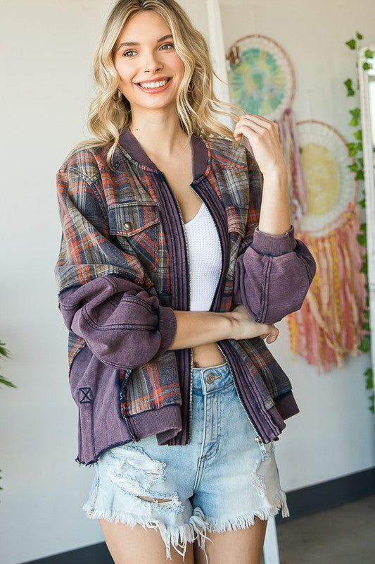WASHED MIXED MEDIA PLAID ZIP FRONT JACKET