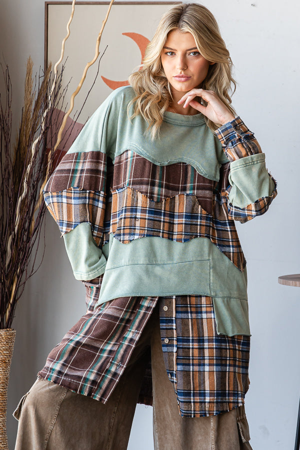 WASHED PLAID PATCHWORK TUNIC LONG SLEEVE TOP