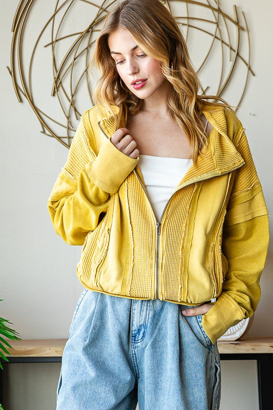 ZIP FRONT MIX HOODED CROPPED JACKET