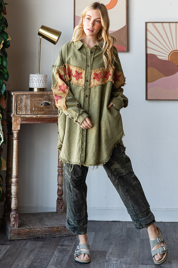 WASHED STAR PATCHWORK BUTTON DOWN SHACKET
