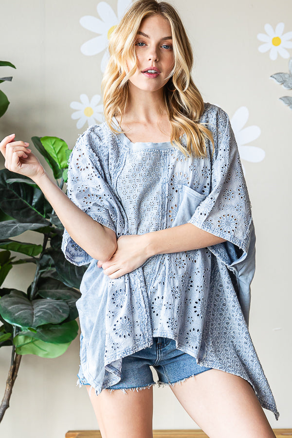 WASHED ASYMMETRICAL HEM OVERSIZED EYELET TOP